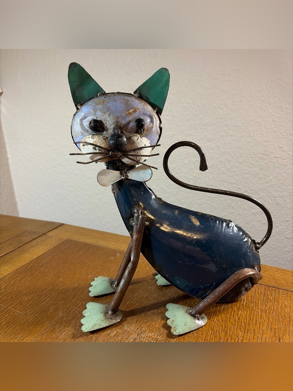 Vintage Recycled Metal Cat Sculpture Folk Art Whimsical Blue Green 12” Rustic